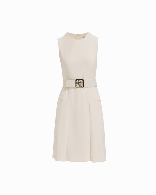 Anne Klein Diagonal Print Sleeveless Fit and Flare Crew Neck Dress in WHITE DOVE