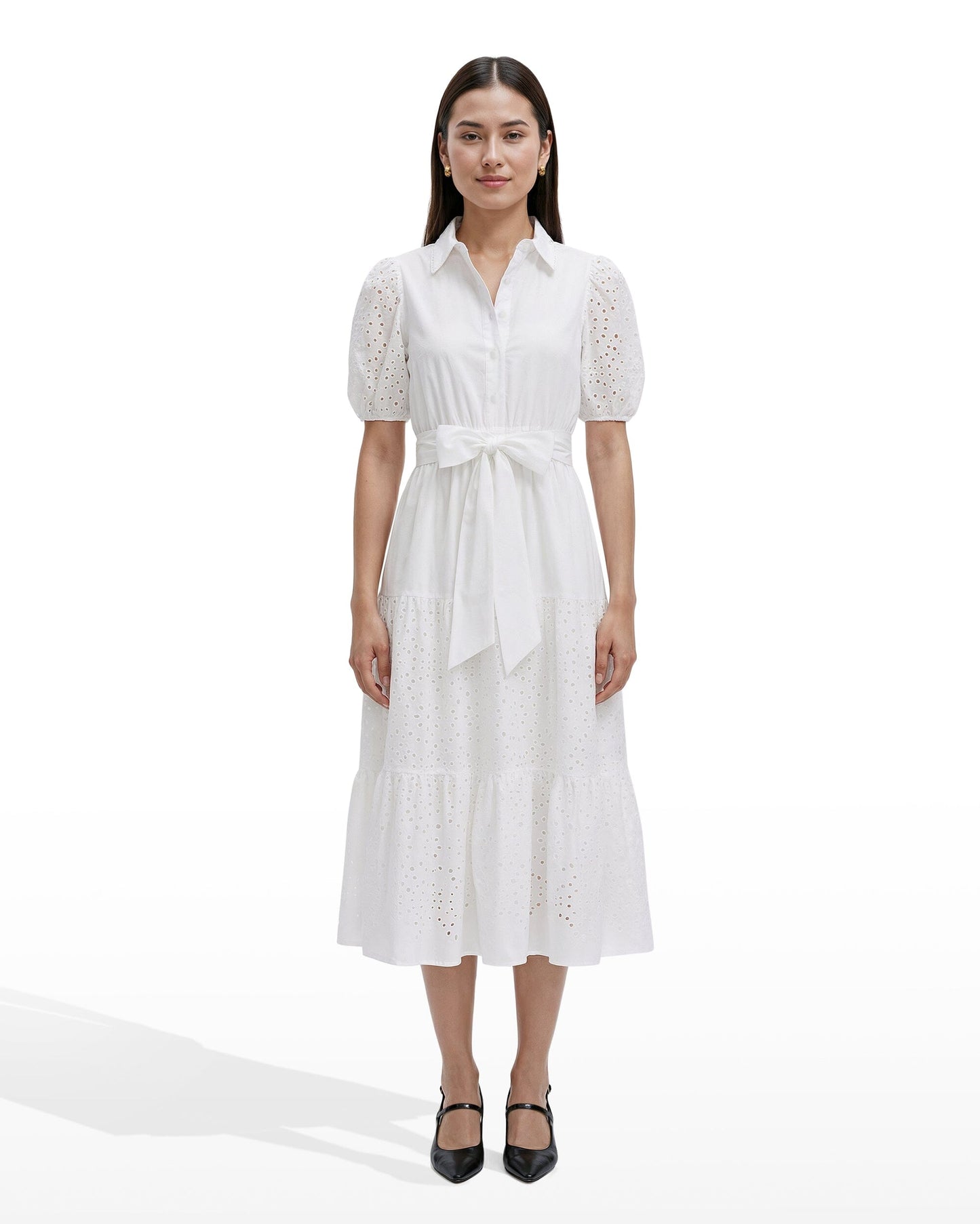 Anne Klein Puff Sleeve Tiered Shirt Dress