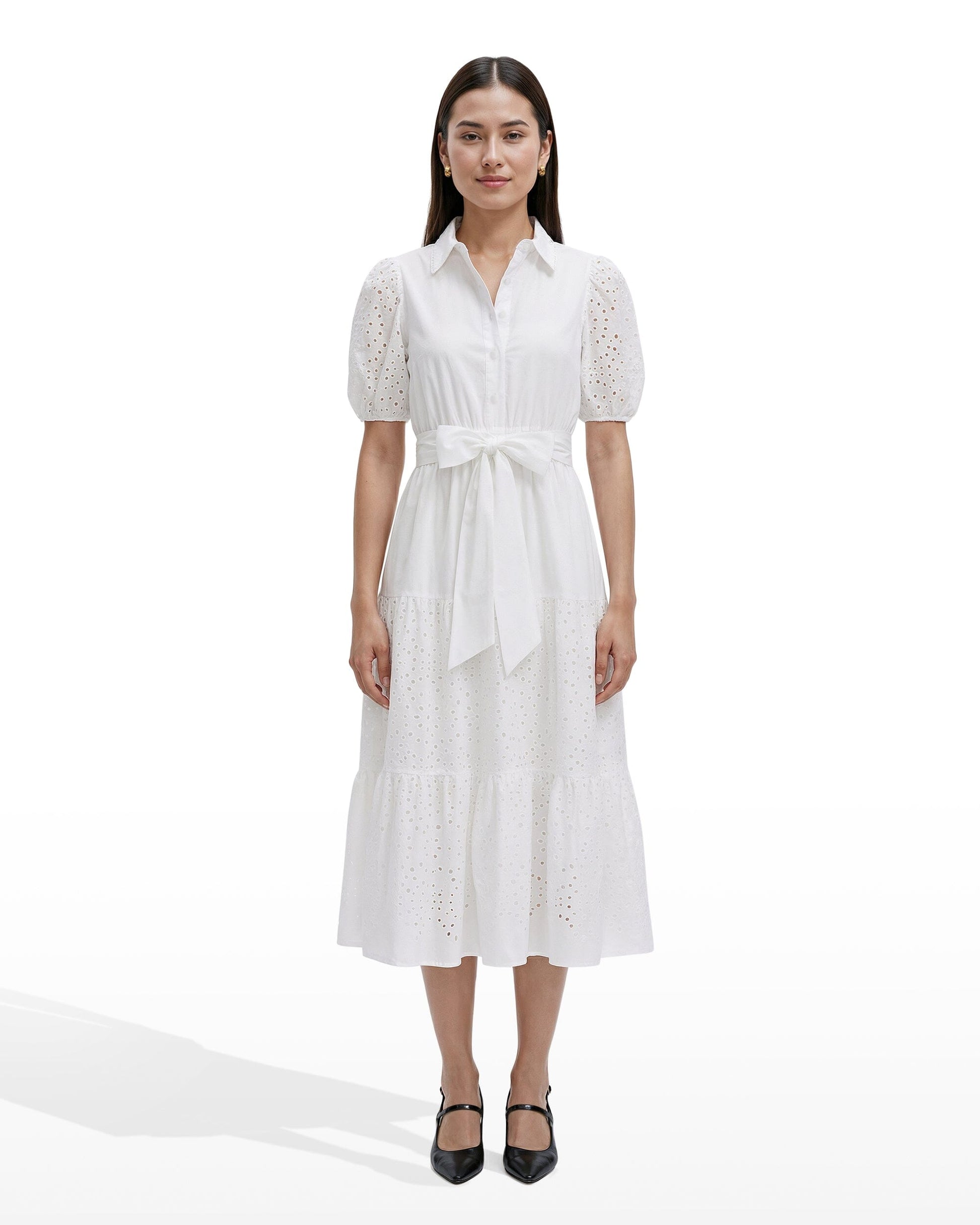 Anne Klein Puff Sleeve Tiered Shirt Dress