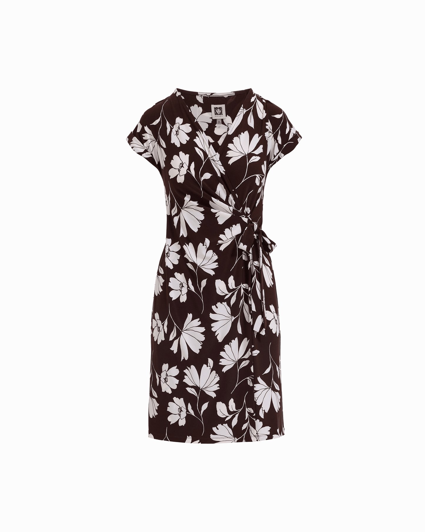 Anne Klein Short Sleeve Wrap V-Neck Dress in DK CHOC / WHT DV