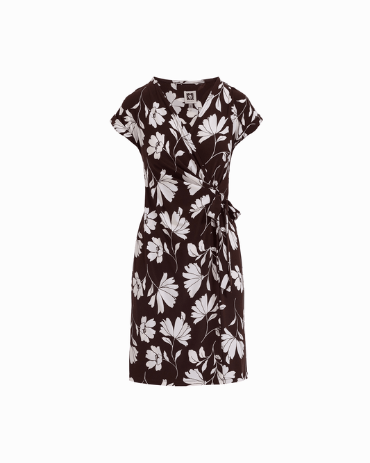 Anne Klein Short Sleeve Wrap V-Neck Dress in DK CHOC / WHT DV