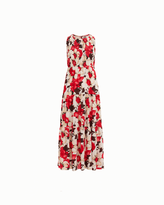 Anne Klein Petite Smocked Bodice Tiered Maxi Dress in White Dove Multi