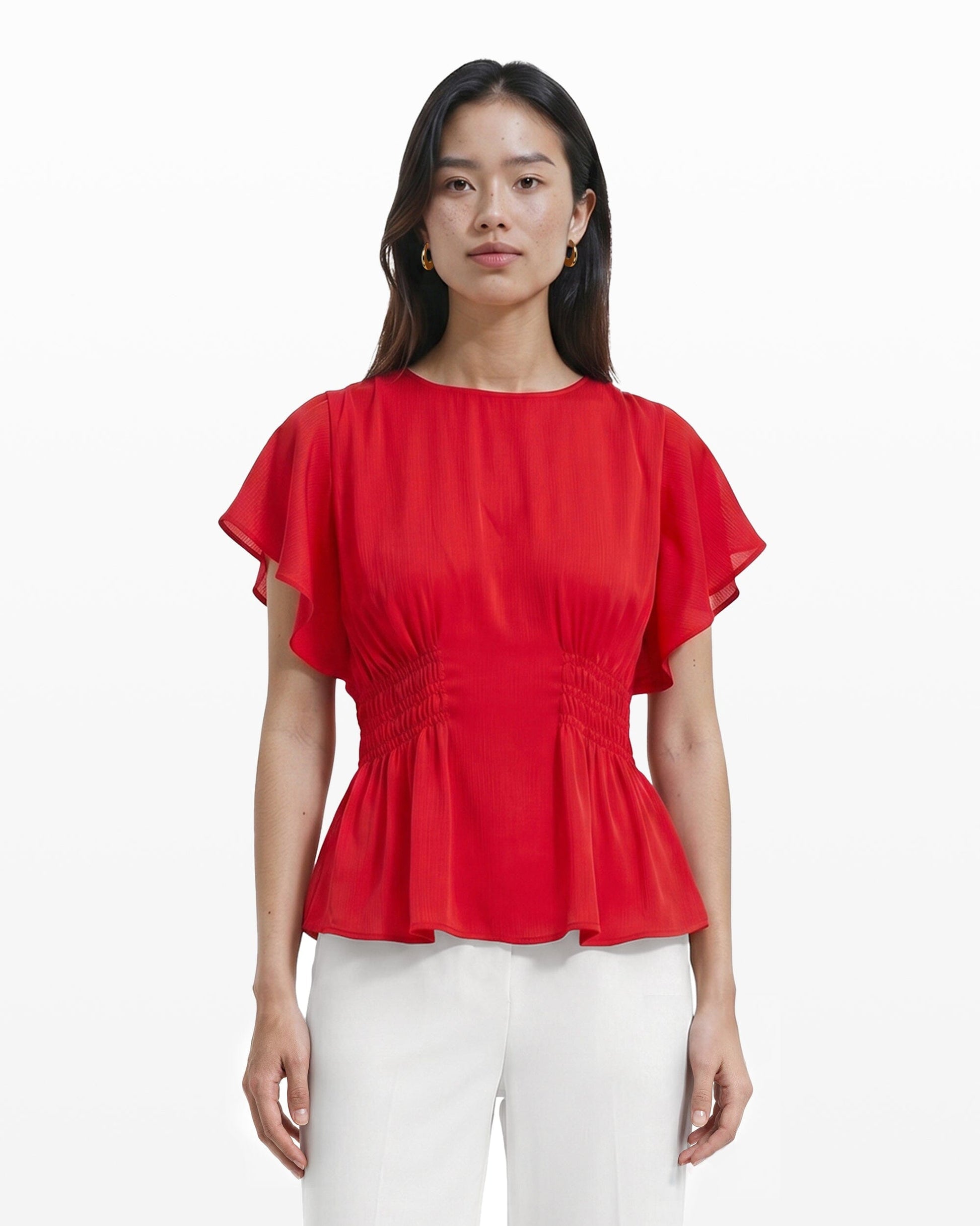 Anne Klein Smocked Waist Flutter Sleeve Blouse in BEGONIA RED