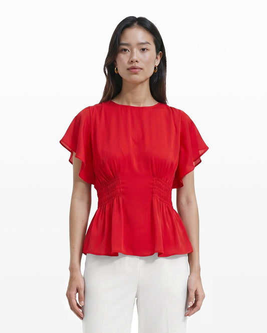 Anne Klein Smocked Waist Flutter Sleeve Blouse in BEGONIA RED