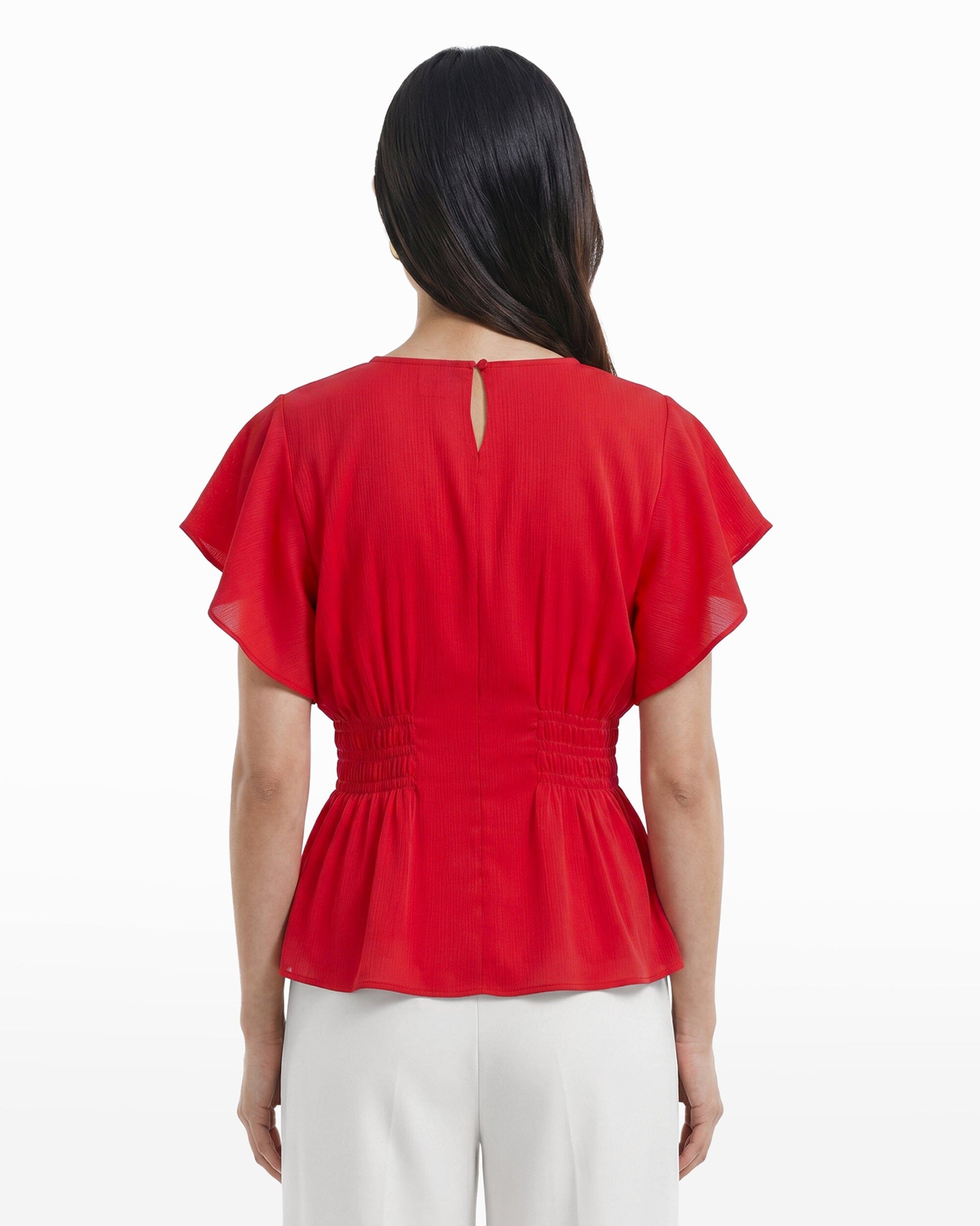 Anne Klein Smocked Waist Flutter Sleeve Blouse in BEGONIA RED