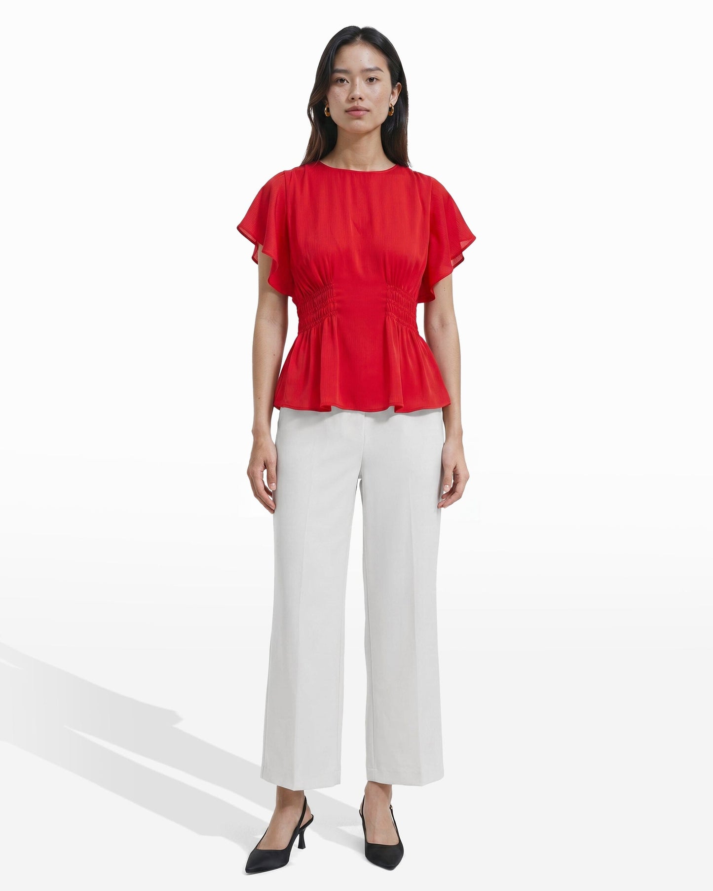 Anne Klein Smocked Waist Flutter Sleeve Blouse in BEGONIA RED