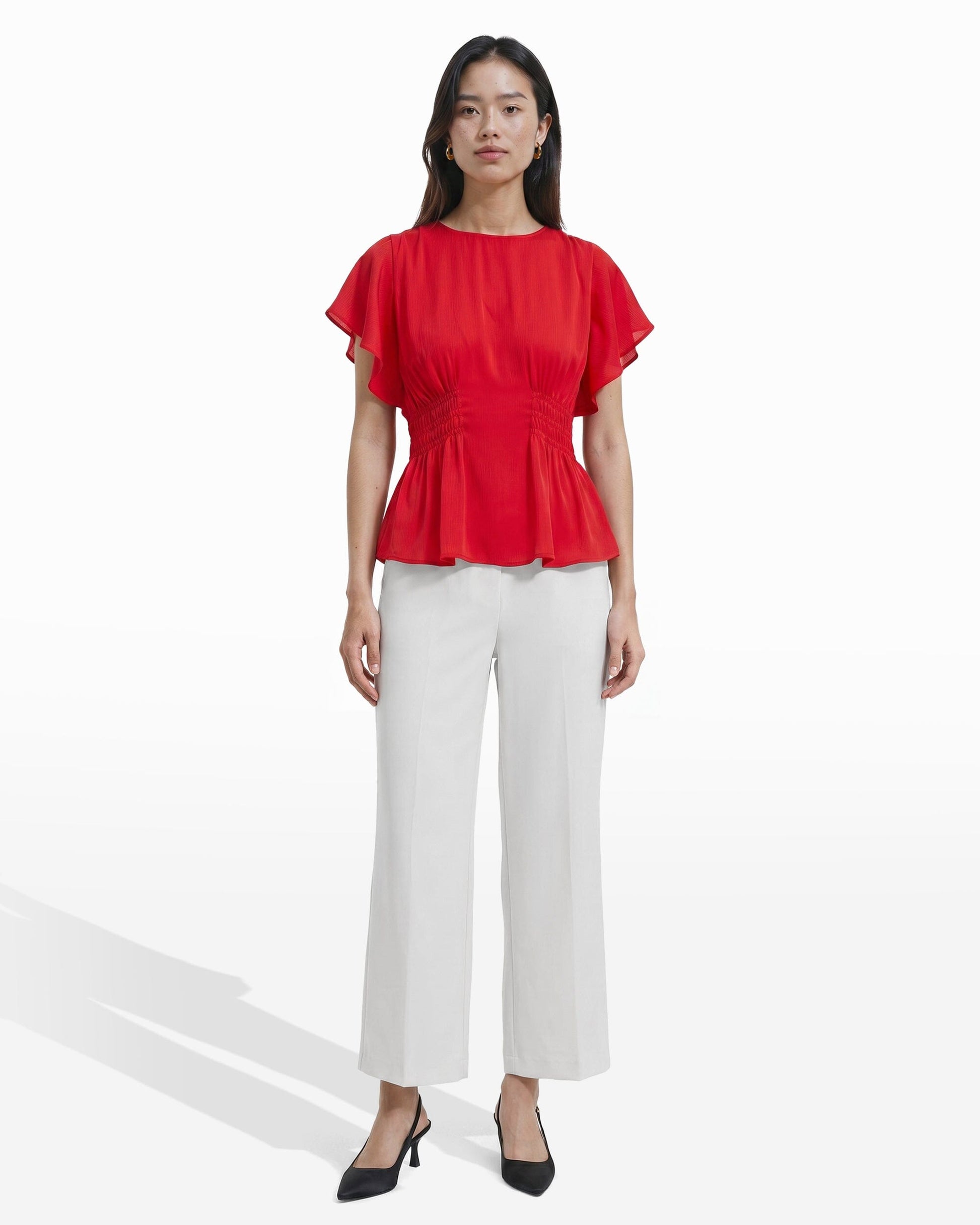 Anne Klein Smocked Waist Flutter Sleeve Blouse in BEGONIA RED
