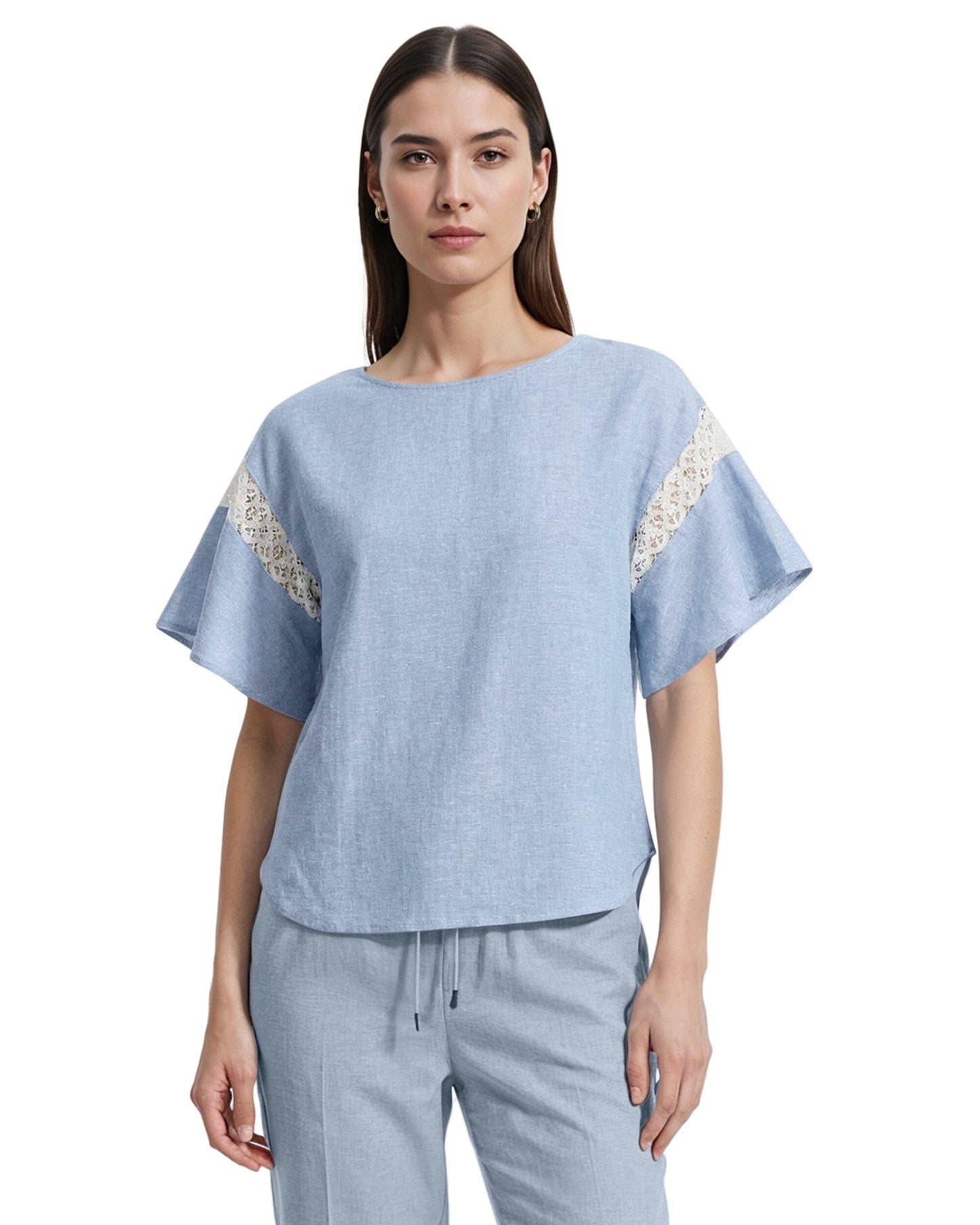 Anne Klein Flutter Sleeve Lace Trim Blouse