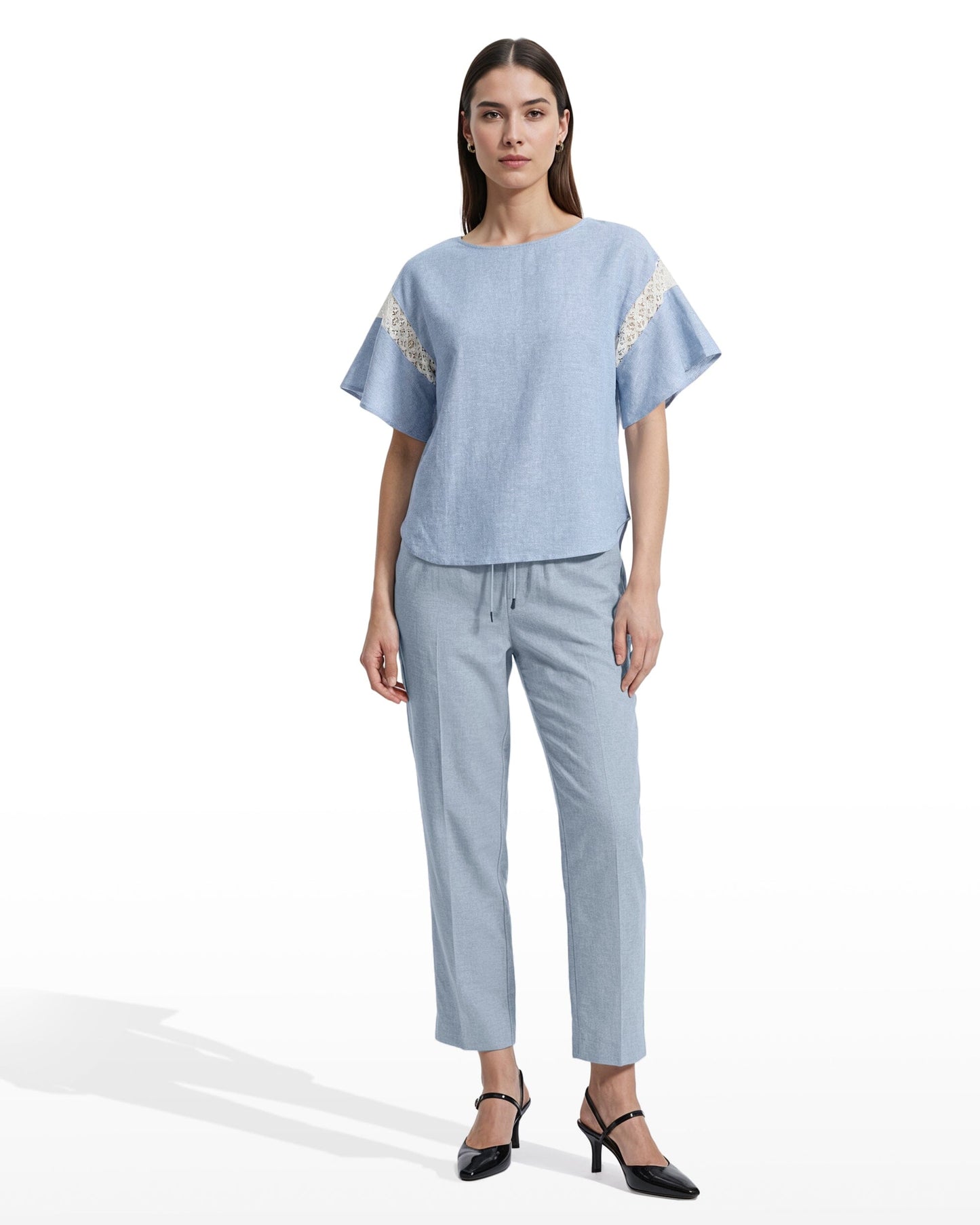 Anne Klein Flutter Sleeve Lace Trim Blouse
