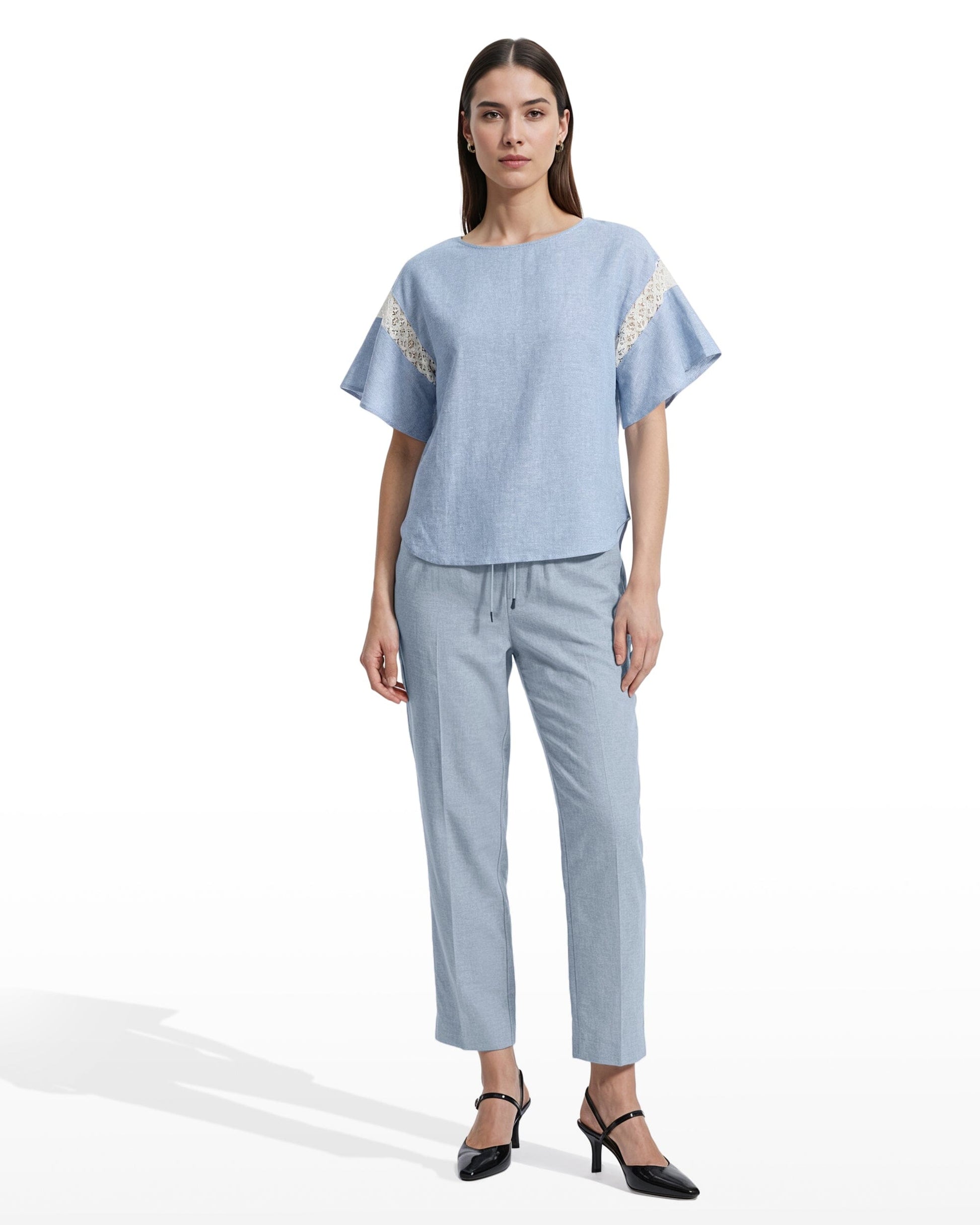 Anne Klein Flutter Sleeve Lace Trim Blouse