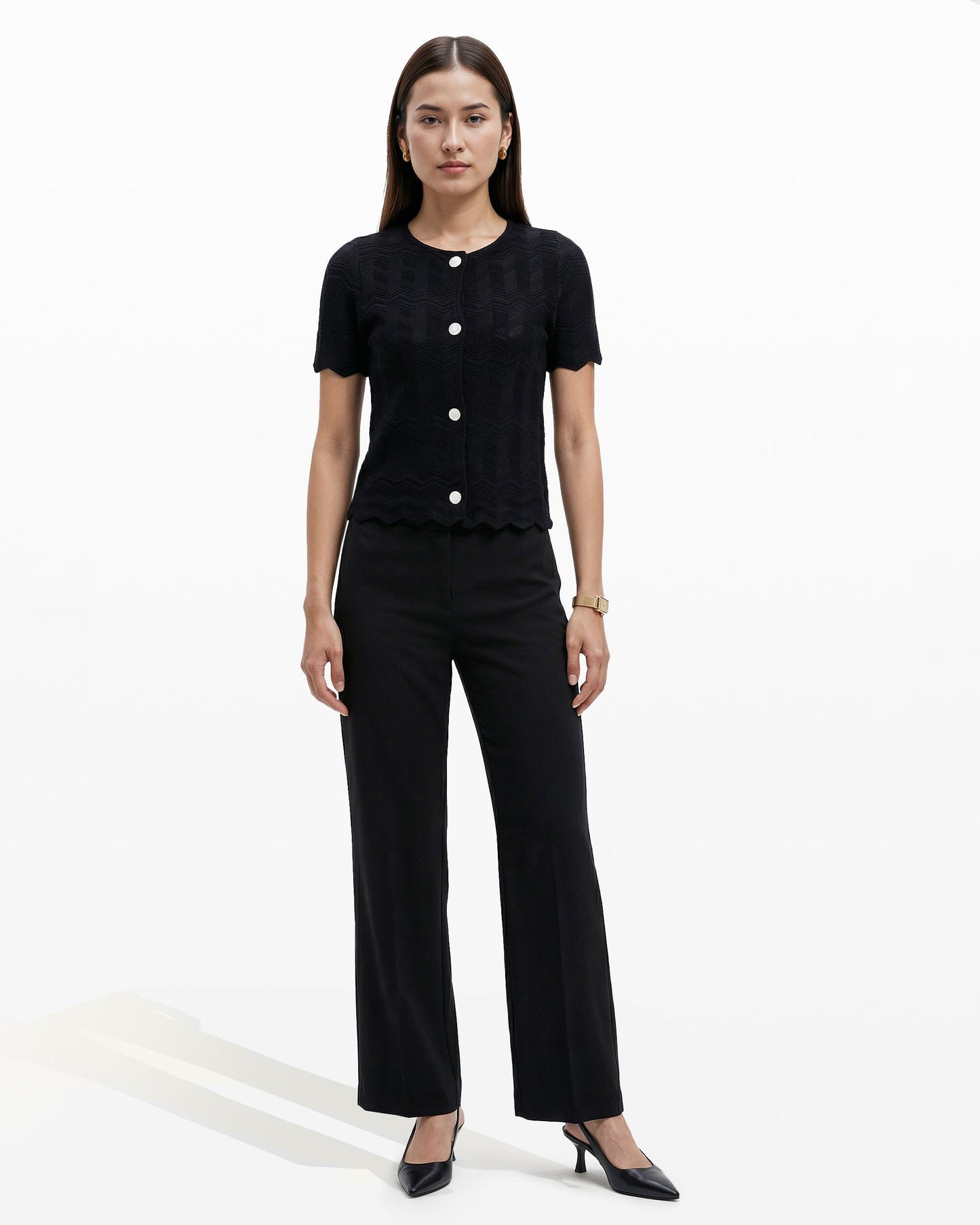 Anne Klein Button Front Zigzag Pointelle Cardigan