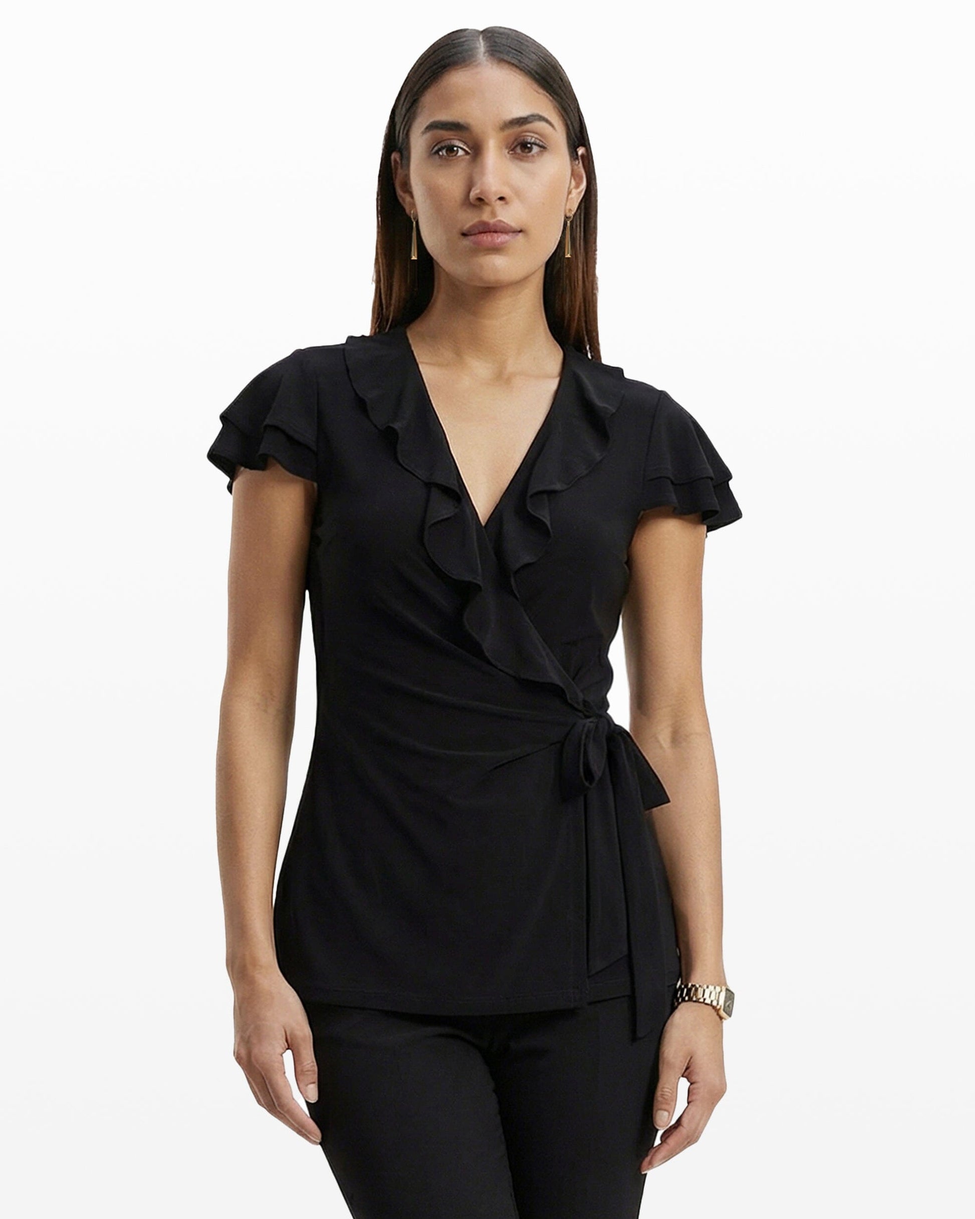 Anne Klein Flutter Sleeve Wrap Top with Ruffle