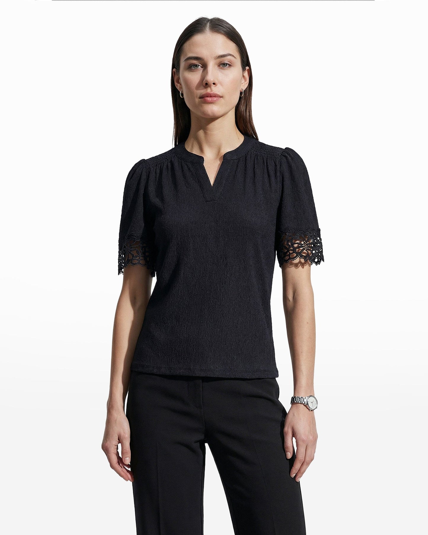 Anne Klein Elbow Split Neck Top with Lace