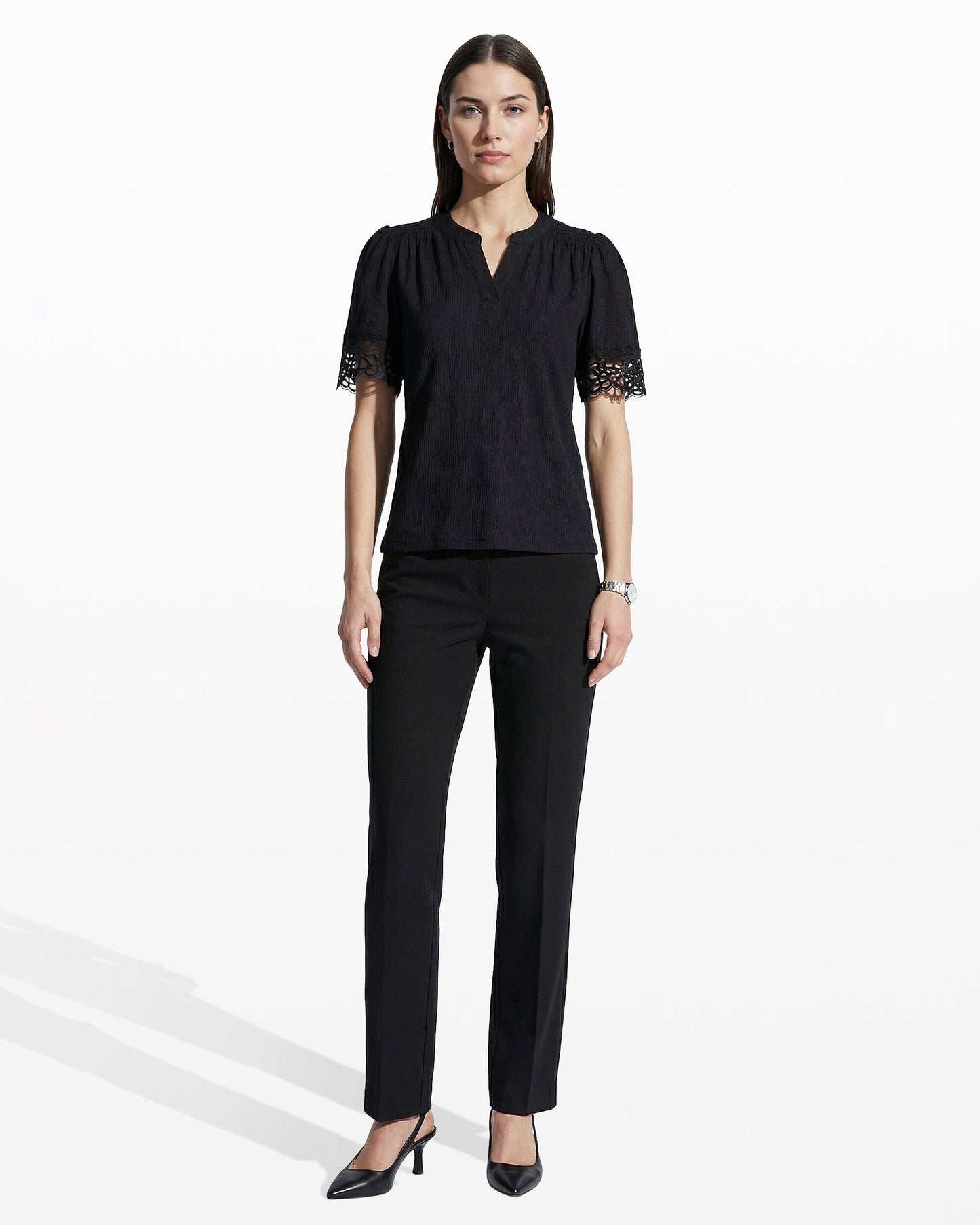 Anne Klein Elbow Split Neck Top with Lace