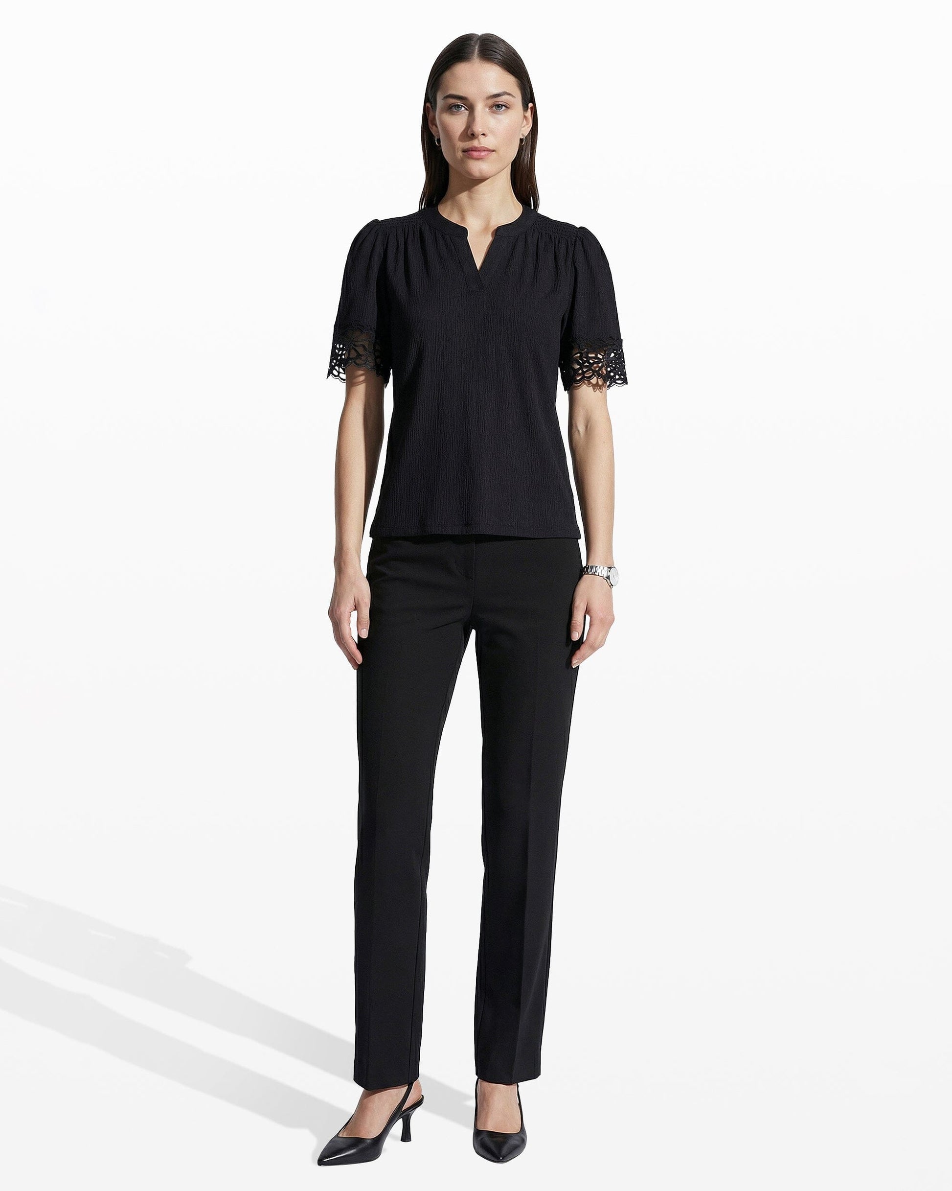 Anne Klein Elbow Split Neck Top with Lace