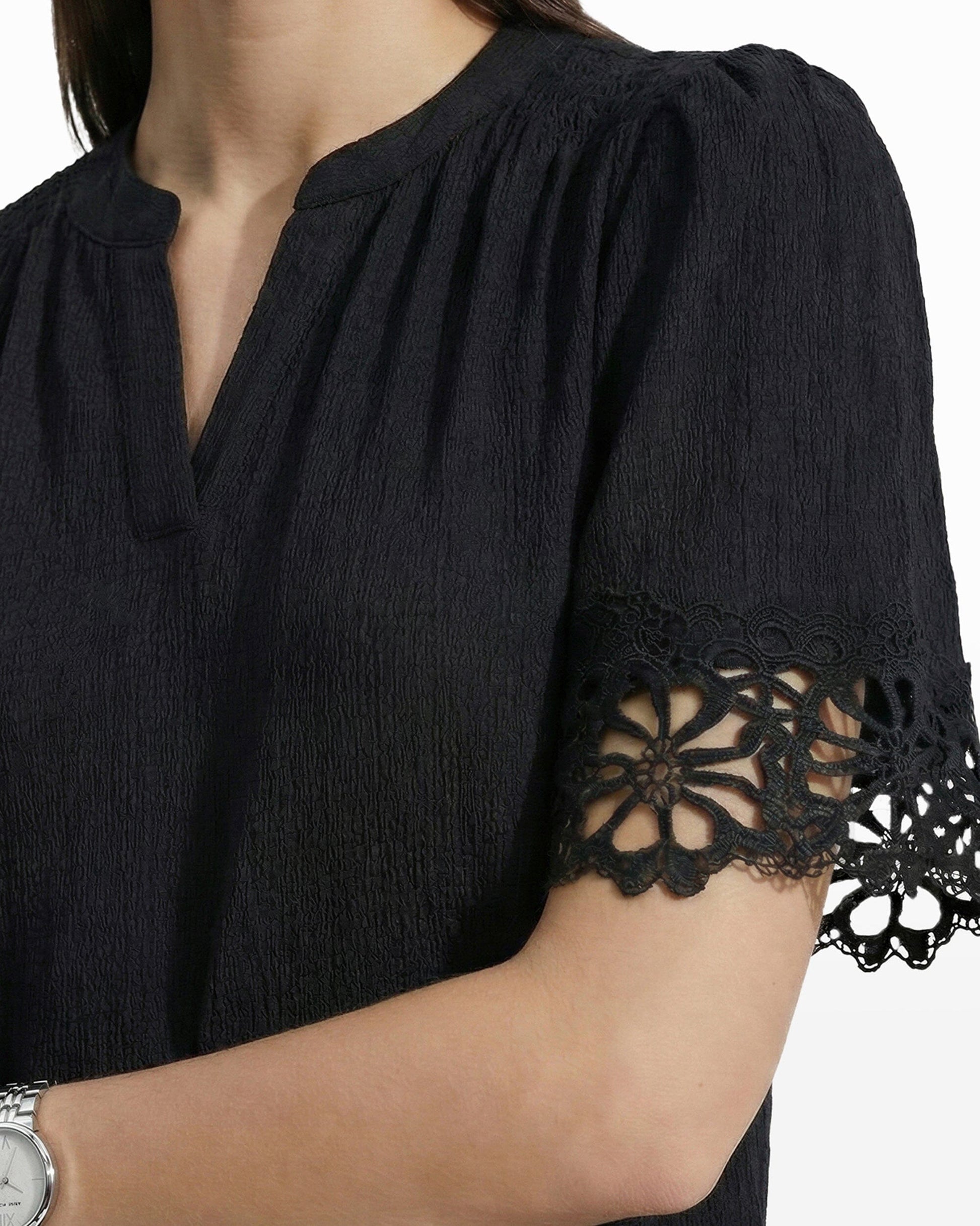 Anne Klein Elbow Split Neck Top with Lace