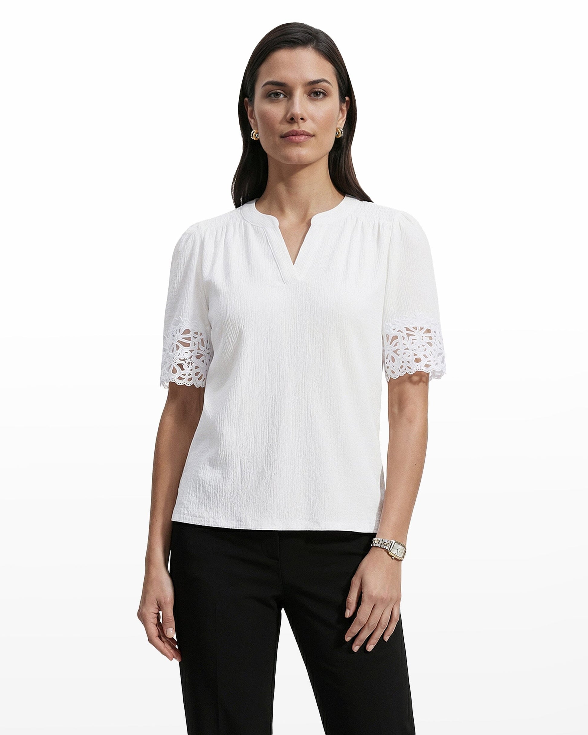 Anne Klein Elbow Split Neck Lace Top