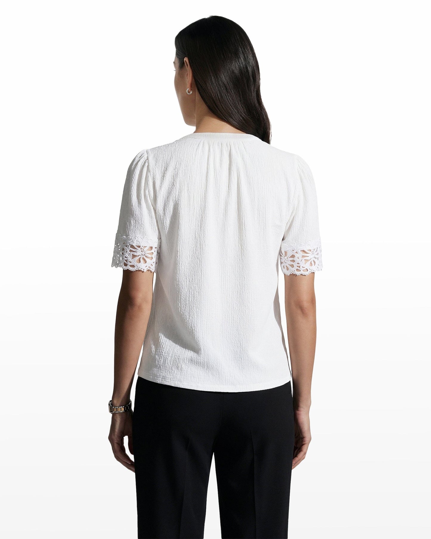 Anne Klein Elbow Split Neck Lace Top