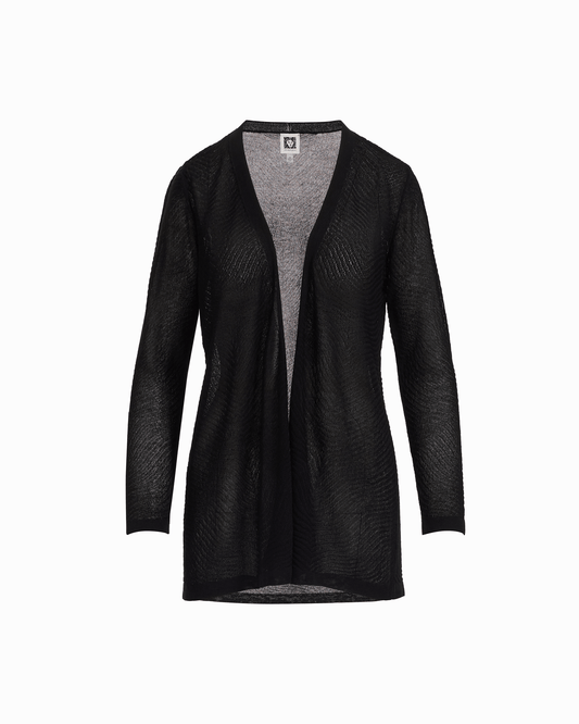 Anne Klein Plus Size Sheer Textured Stitch Long Open Front Cardigan in ANNE BLACK