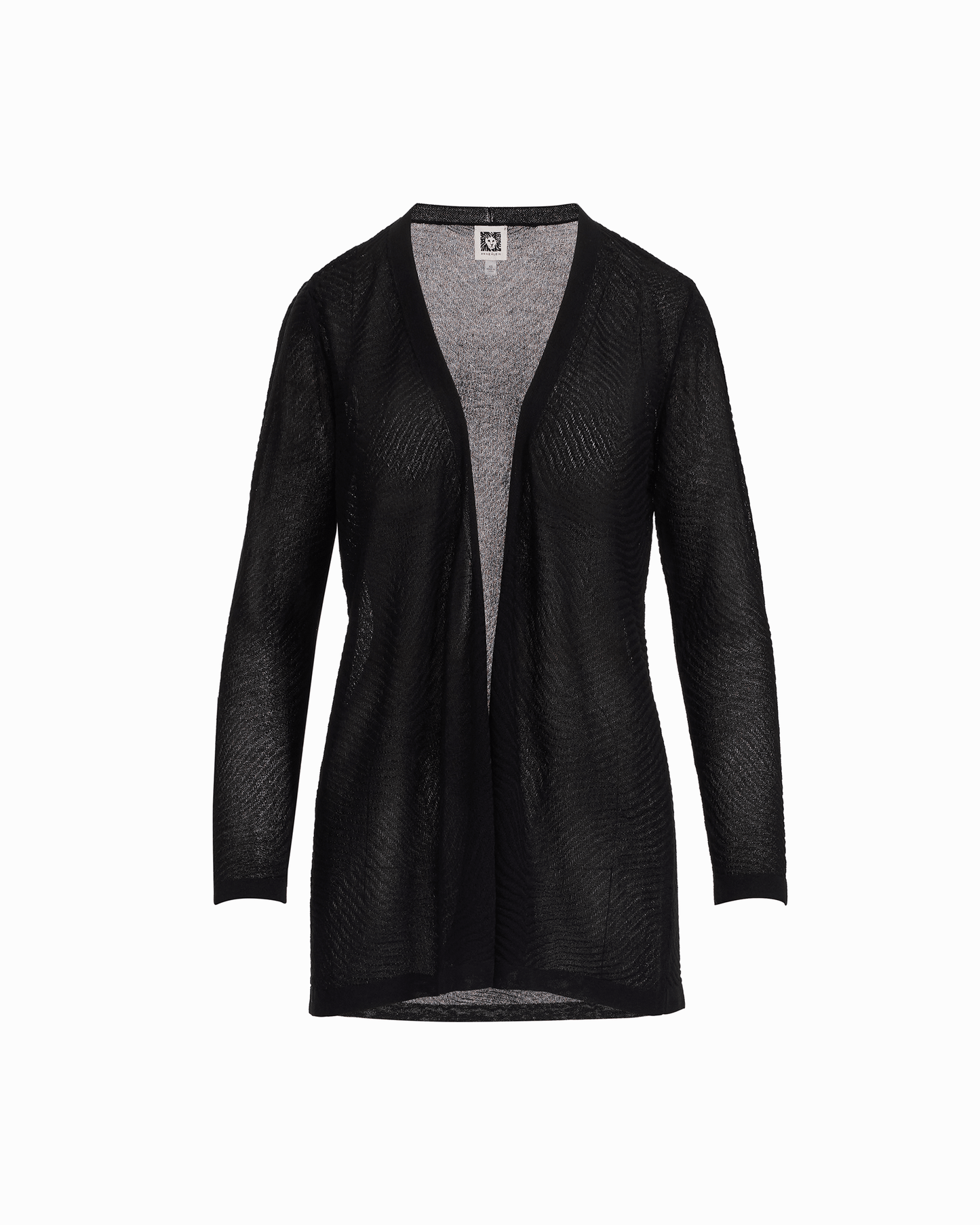 Anne Klein Plus Size Sheer Textured Stitch Long Open Front Cardigan in ANNE BLACK