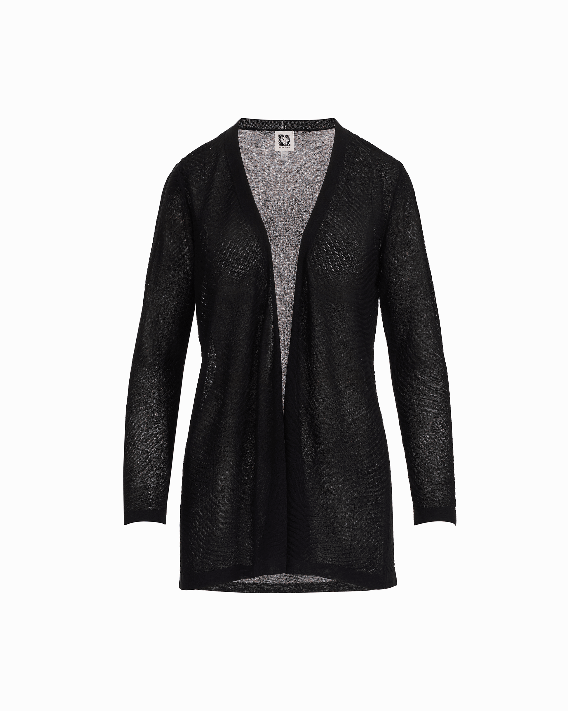 Anne Klein Plus Size Sheer Textured Stitch Long Open Front Cardigan in ANNE BLACK