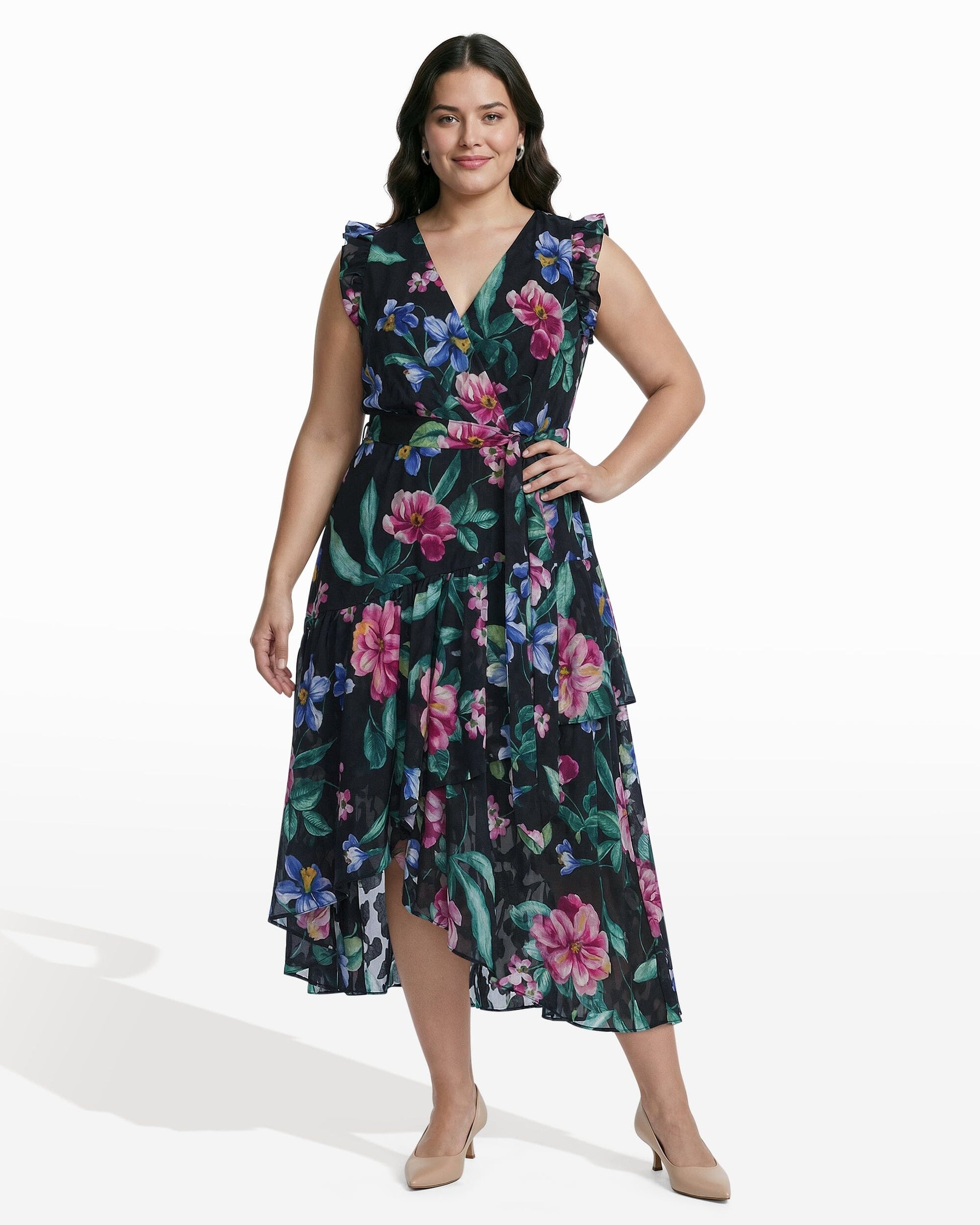 Anne Klein High-Low Hem Wrap Dress with Ruffle Sleeves