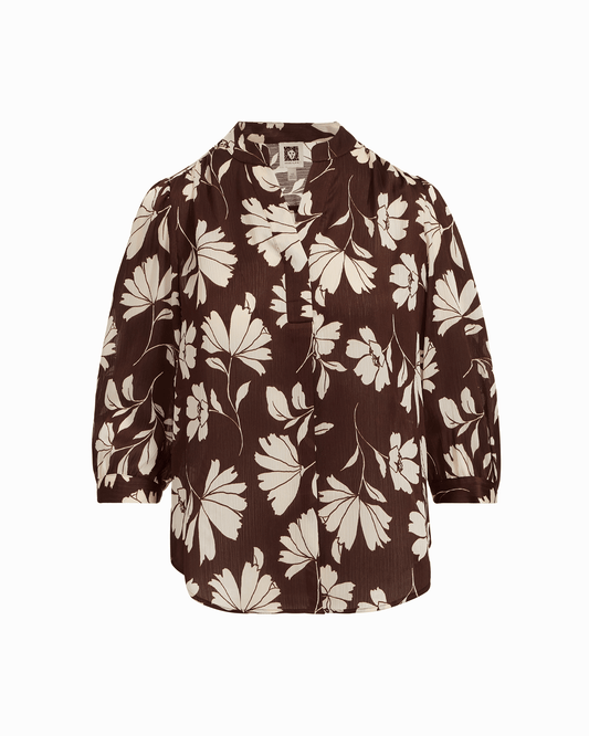 Anne Klein Y-Neck Blouse with Three-Quarter Sleeves in DK CHOC / WHT DV | Anne Kl