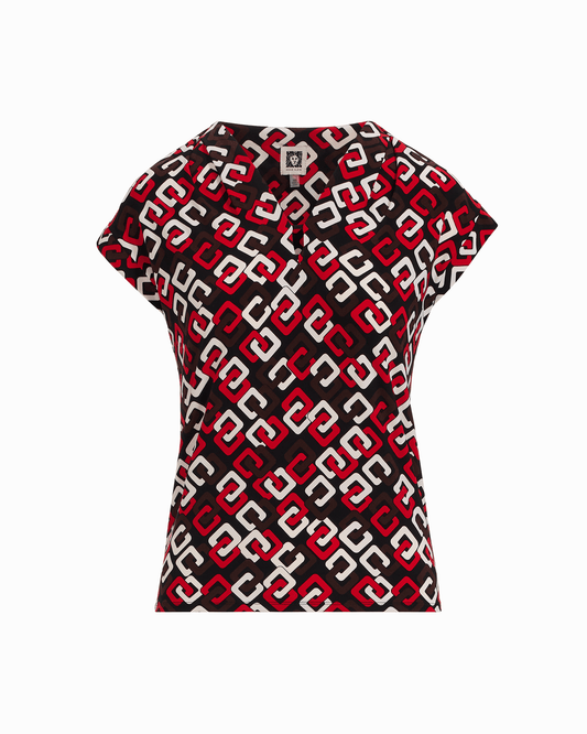 Anne Klein V-Neck Short Sleeve Pullover Top in BEGONIA RED MLT