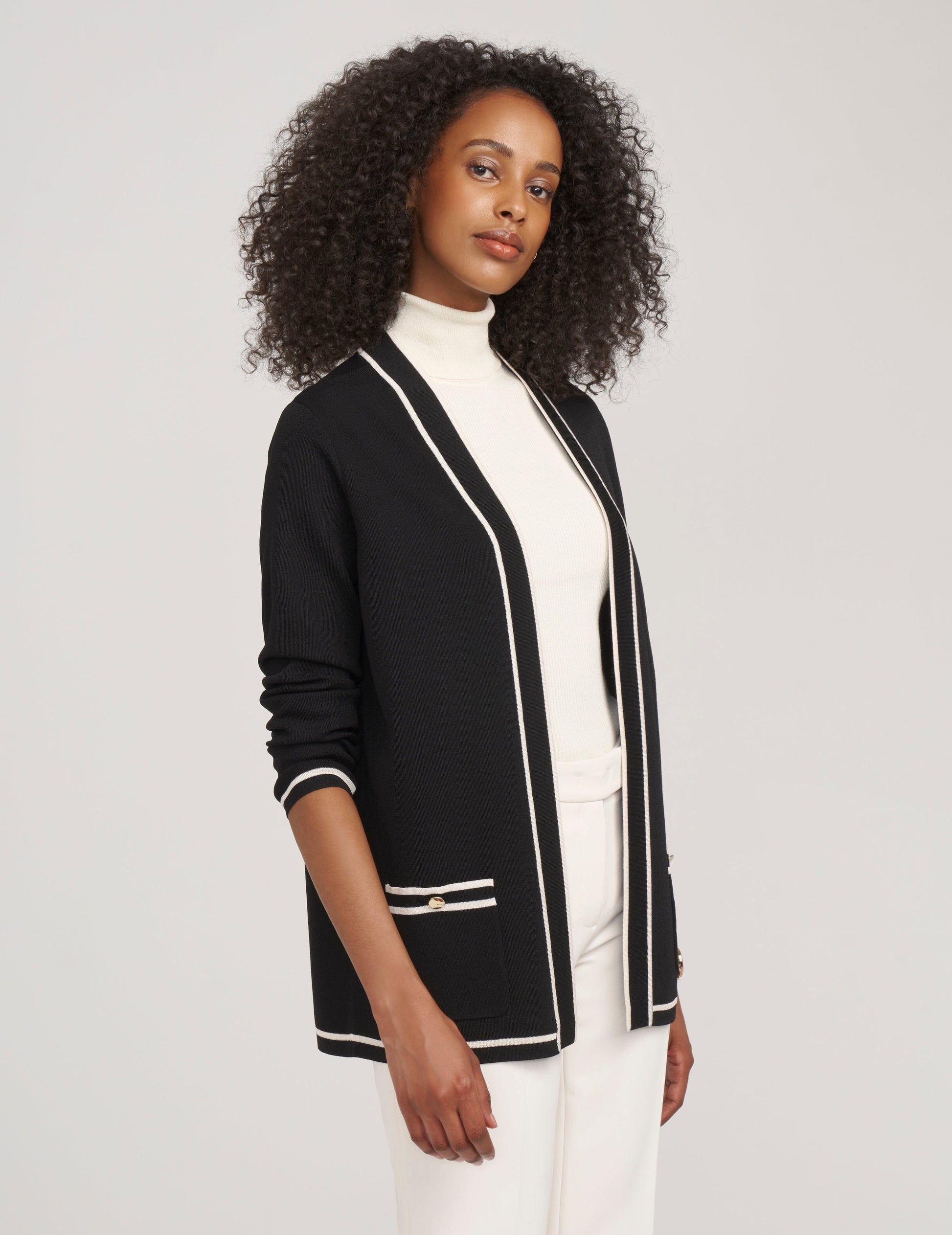 Anne Klein Petite Open-Front Cardigan with Contrast Tipping