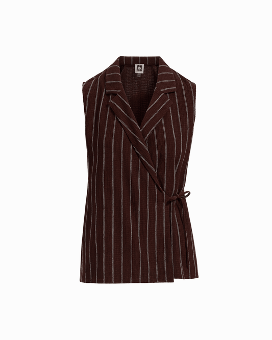 Anne Klein Sleeveless Notch Neck Wrap Top in DK CHOC / WHT DV
