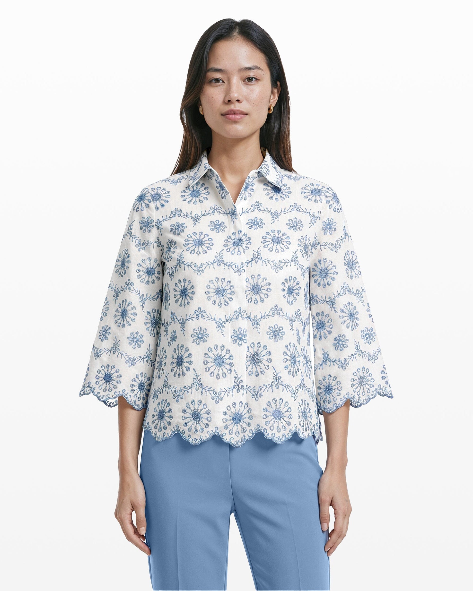 Anne Klein Button Front Shirt with Scallop Hem