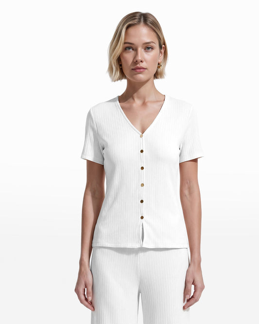 Anne Klein Short Sleeve V-Neck Button Loop Knit Top