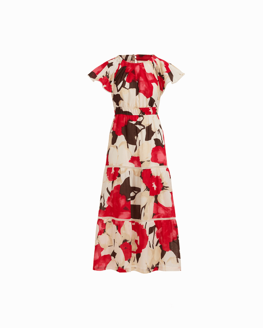 Anne Klein Flutter Sleeve Tiered Midi Dress in WHITE DOVE MULTI