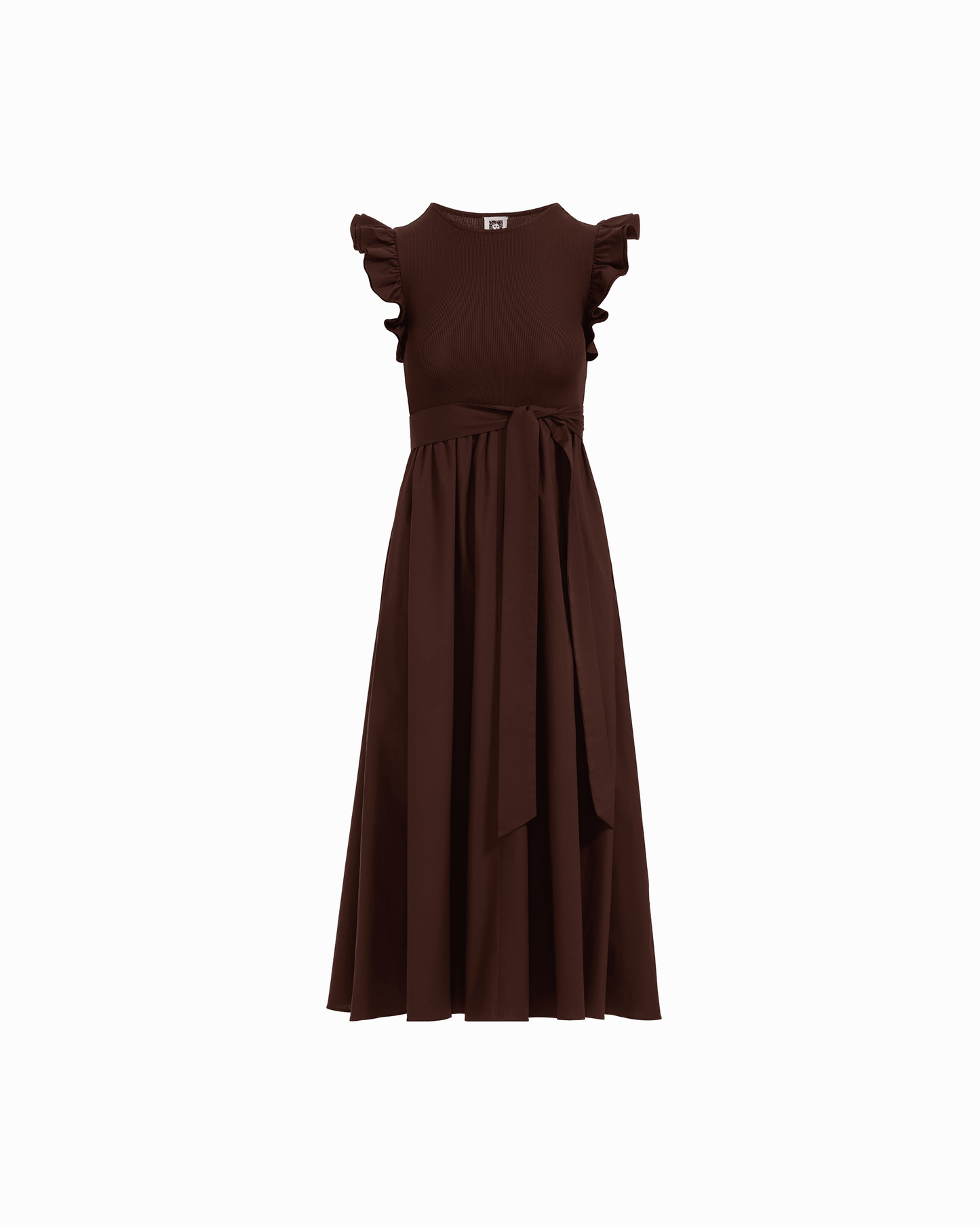 Anne Klein Mixed Media Midi Dress with Ruffle Sleeves in DARK CHOCOLATE | Anne Kl