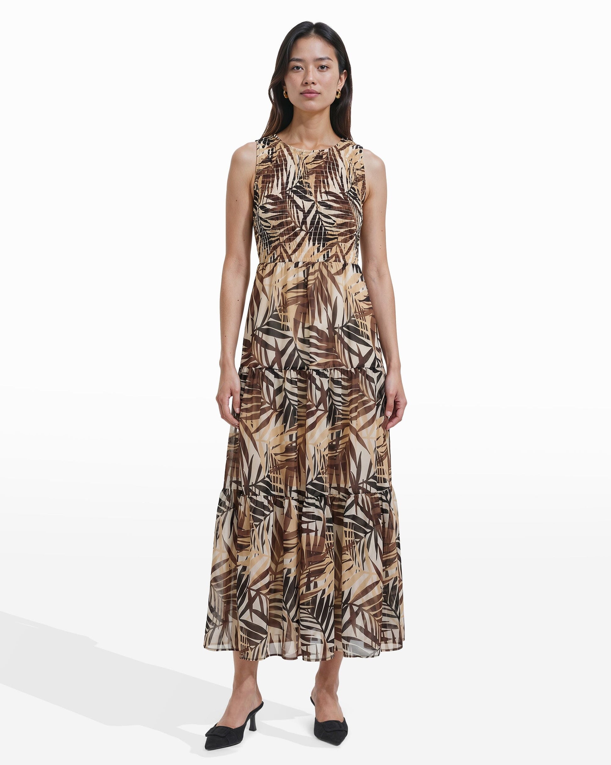 Anne Klein Smocked Bodice Tiered Maxi Dress in White Dove Dark Chocolate