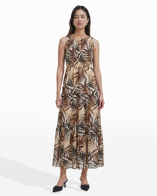 Anne Klein Smocked Bodice Tiered Maxi Dress in White Dove Dark Chocolate