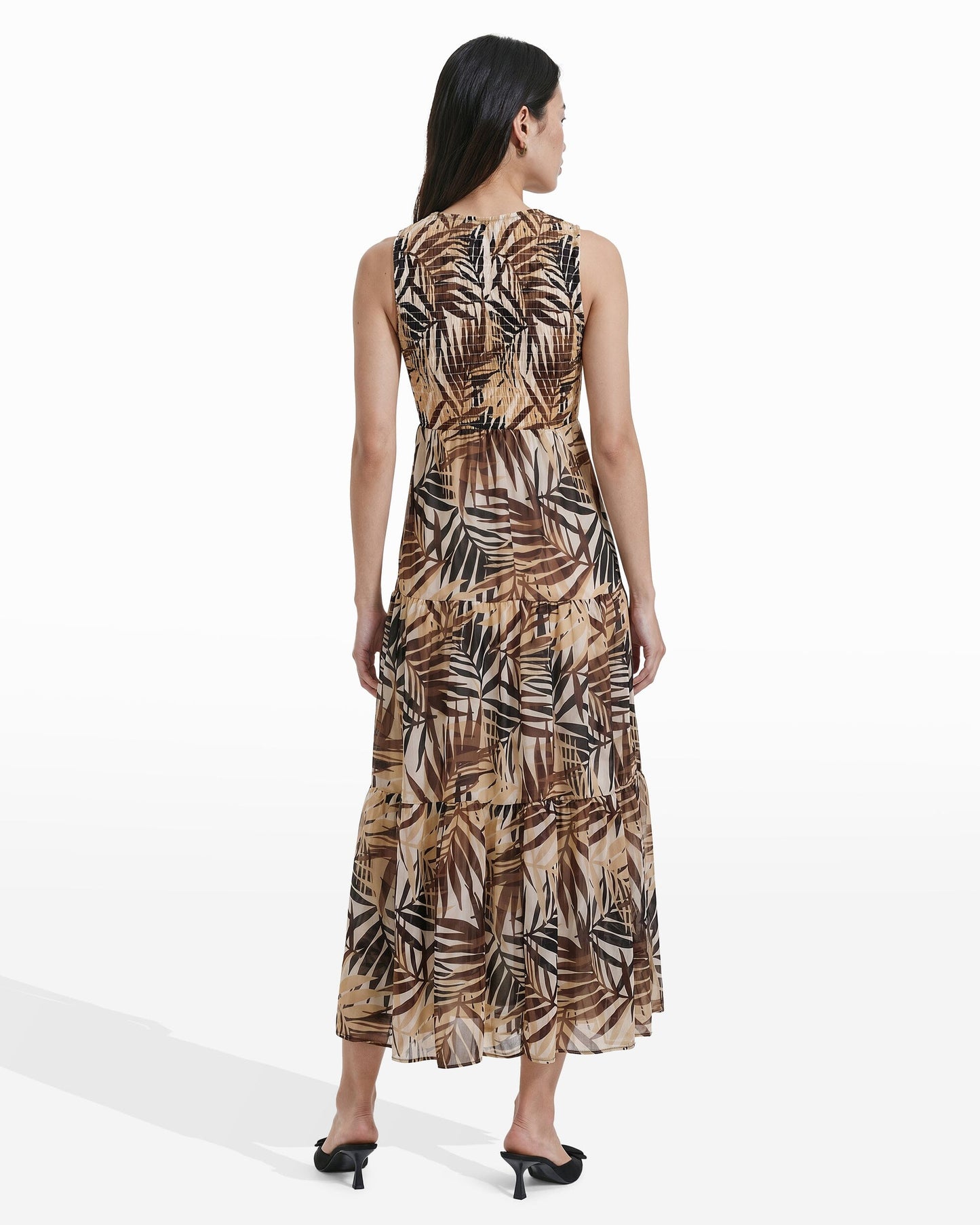 Anne Klein Smocked Bodice Tiered Maxi Dress in White Dove Dark Chocolate