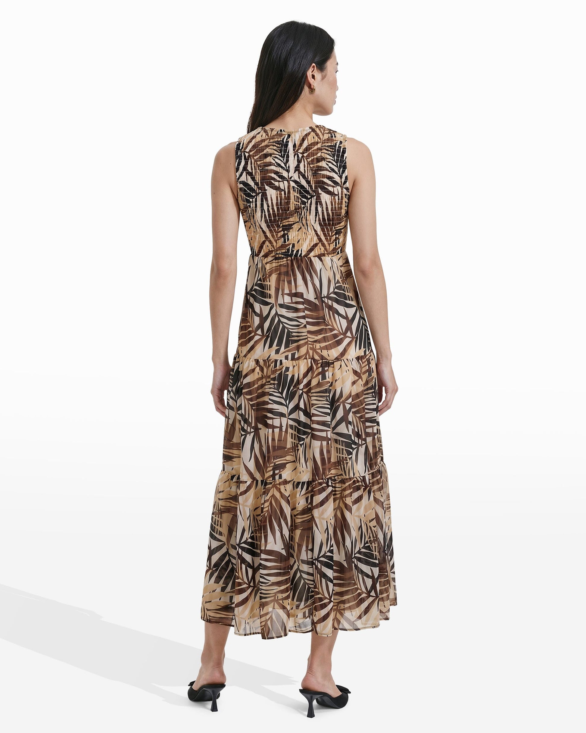 Anne Klein Smocked Bodice Tiered Maxi Dress in White Dove Dark Chocolate