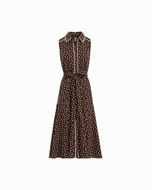 Anne Klein Collared Sleeveless Godet Midi Shirt Dress in DK CHOC / WHT DV | Anne