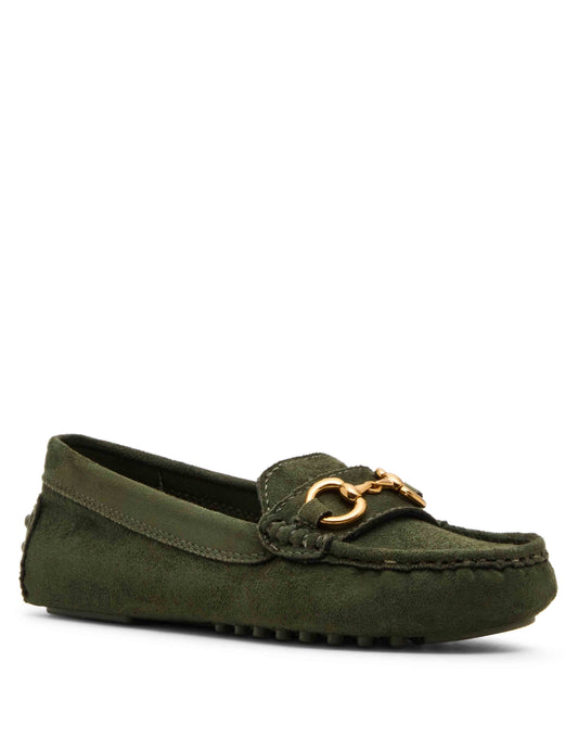 Anne Klein Chrystie Moccasin Loafer in Olive Suede