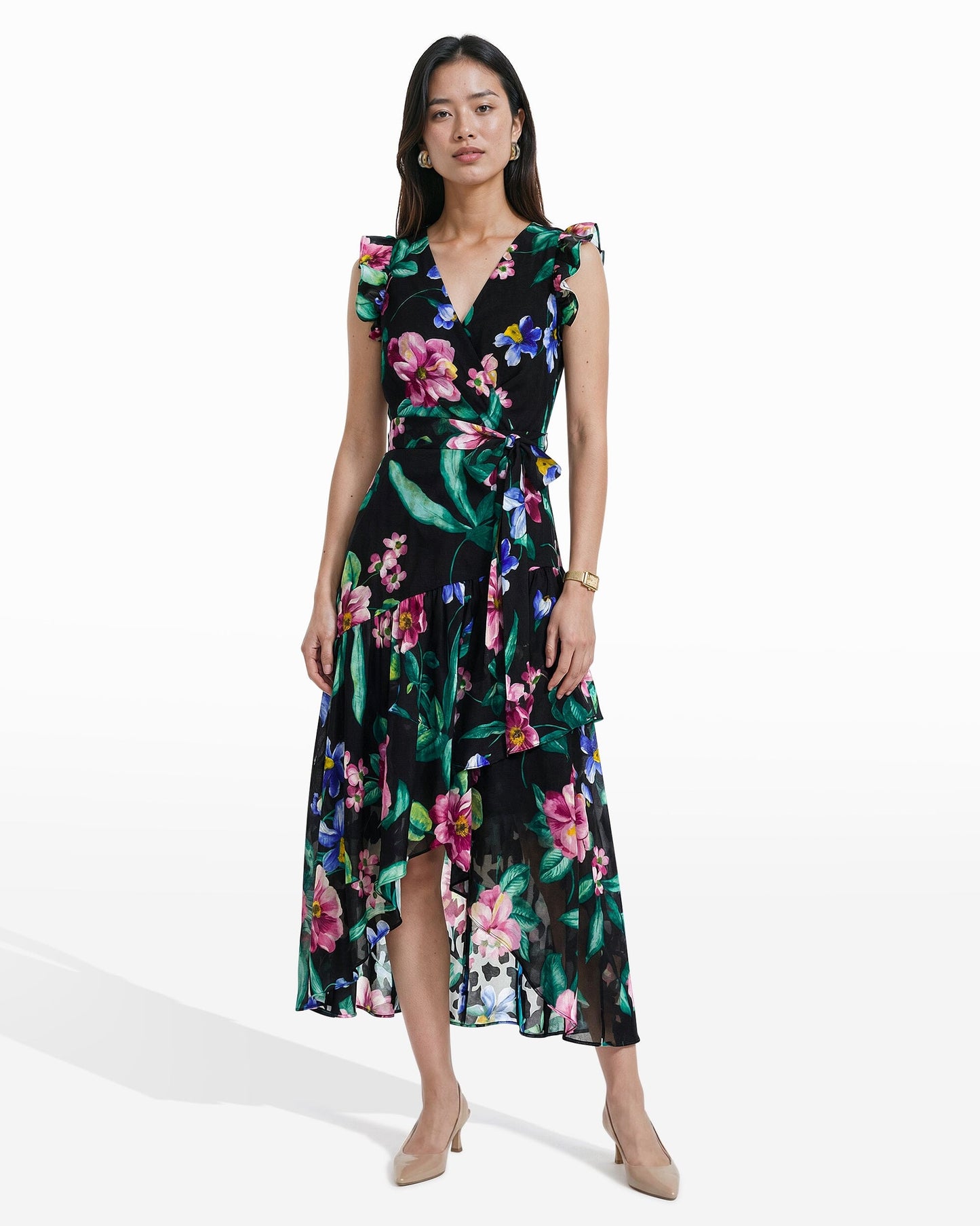 Anne Klein High-Low Wrap Dress with Ruffle Sleeves
