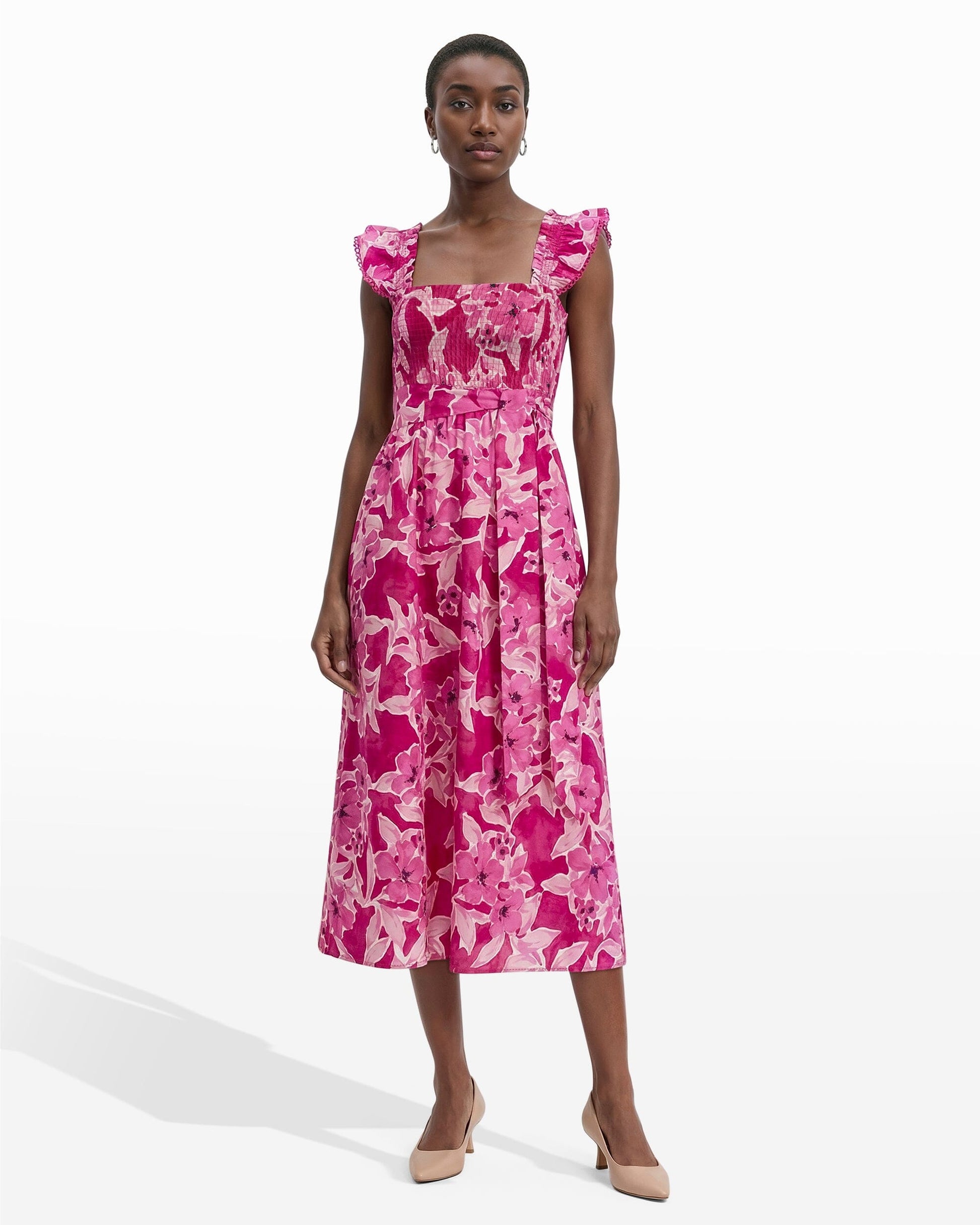 Anne Klein Smocked Midi Dress with Ruffle Sleeves