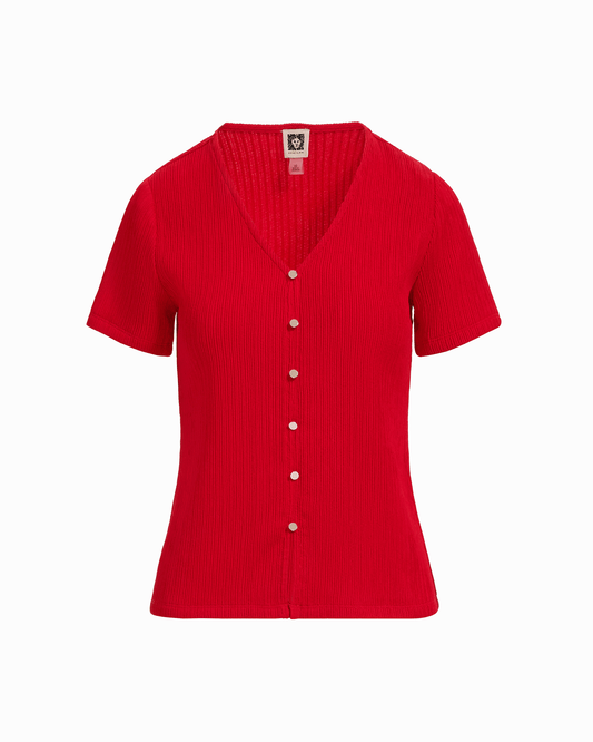 Anne Klein Short Sleeve V-Neck Knit Top in BEGONIA RED