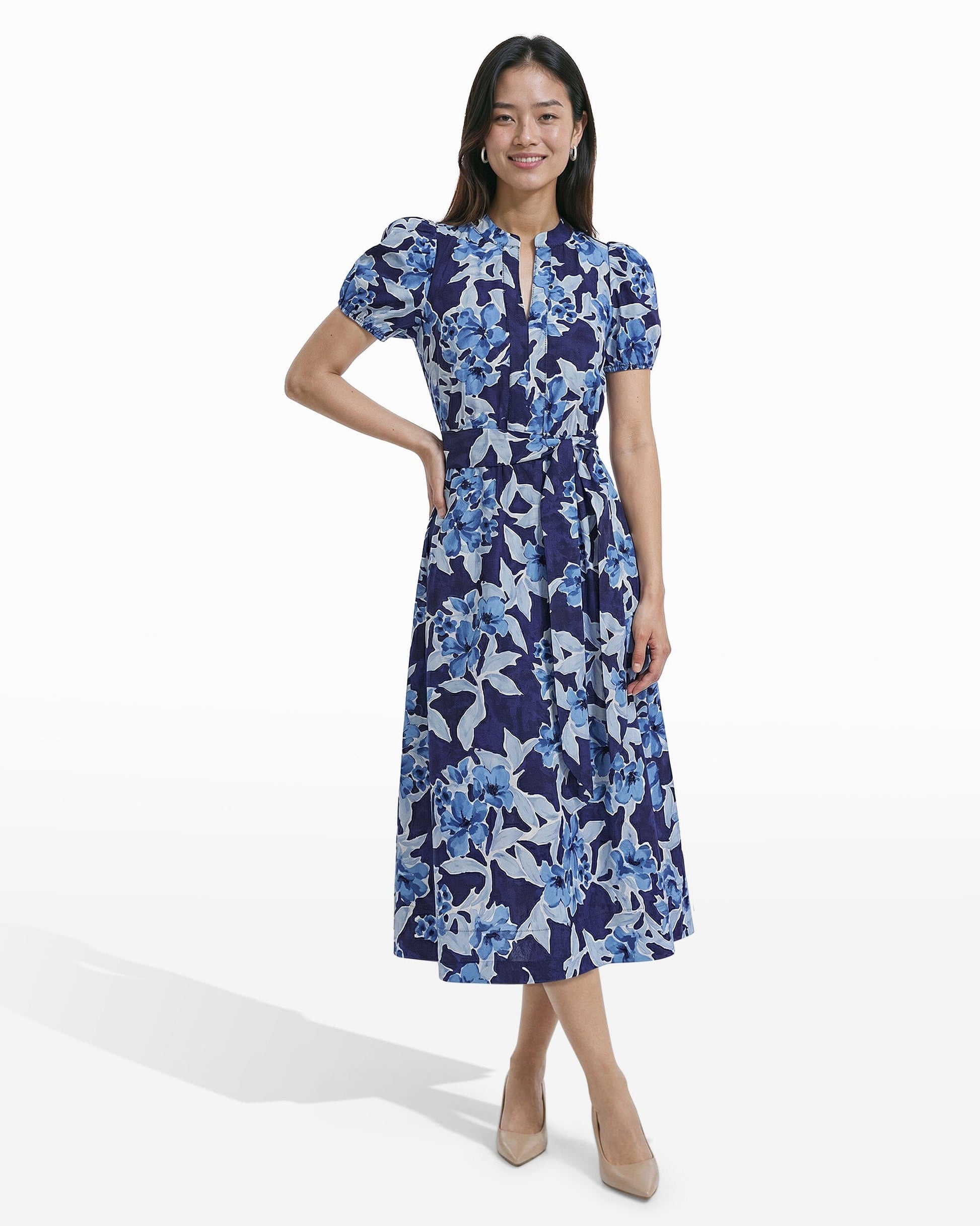 Anne Klein Puff Sleeve A-line Midi Dress